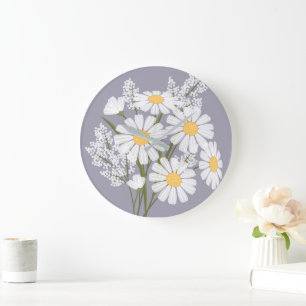 Elegant Floral White Daisies on Lavender Große Wanduhr