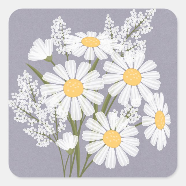 Elegant Floral White Daisies on Lavender Wedding Quadratischer Aufkleber (Vorderseite)