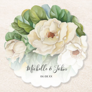 Elegant Floral White Magnolia nennt Script Wedding Untersetzer