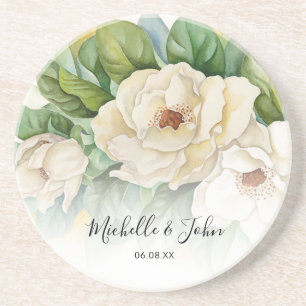 Elegant Floral White Magnolia Skriptnamen Hochzeit Getränkeuntersetzer