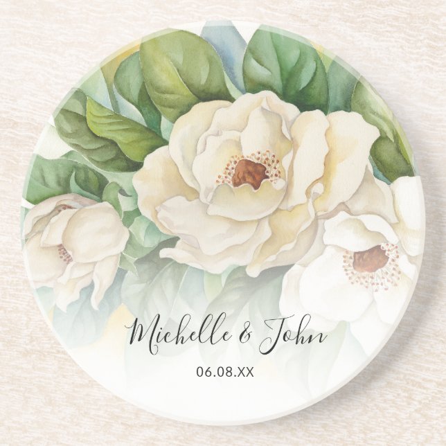 Elegant Floral White Magnolia Skriptnamen Hochzeit Getränkeuntersetzer (Vorne)