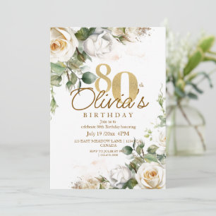 Elegant Floral White Roses & Gold 80. Geburtstag Einladung