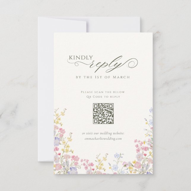 Elegant Floral Wildflower Calligraphy QR Code RSVP Karte (Vorderseite)