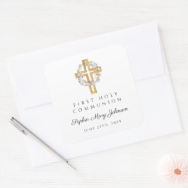 Elegant Floral Wreath Cross Girl Erste Kommune Quadratischer Aufkleber