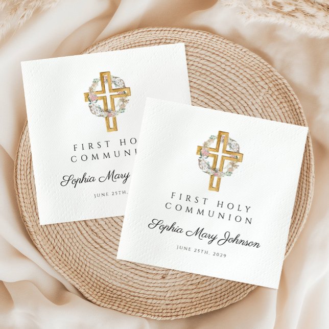 Elegant Floral Wreath Cross Girl Erste Kommune Serviette (Elegant Floral Wreath Cross Girl First Communion Napkins)