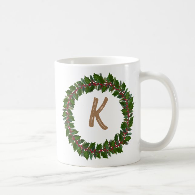 Elegant Floral Wreath Monogram Initial Christmas Kaffeetasse (Rechts)