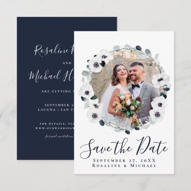 Elegant Floral Wreath Navy Blue Save the Date Einladung (Vorne/Hinten)