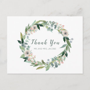 Elegant Floral Wreath Wedding Danke Postcard Postkarte
