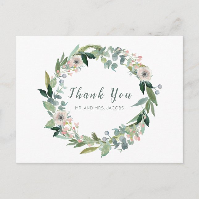 Elegant Floral Wreath Wedding Danke Postcard Postkarte (Vorderseite)