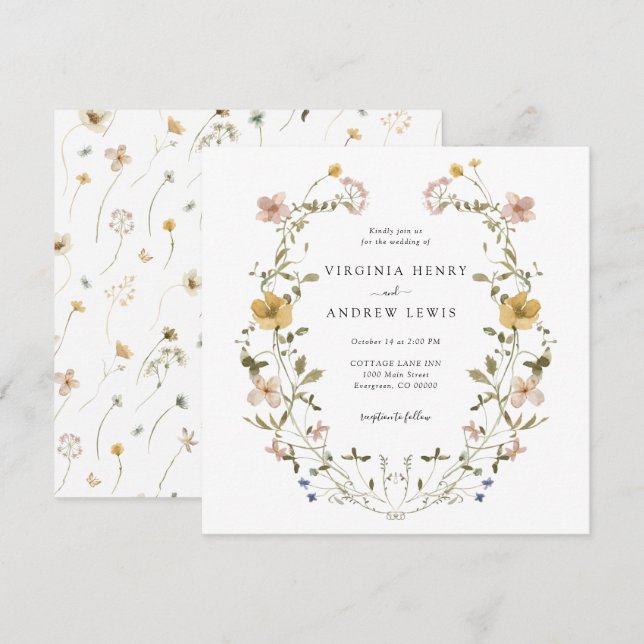 Elegant Floral Wreath Wedding Einladung (Vorne/Hinten)