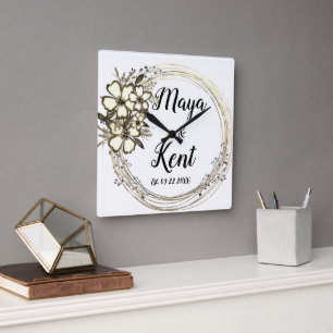 Elegant Floral Wreath Wedding Quadratische Wanduhr