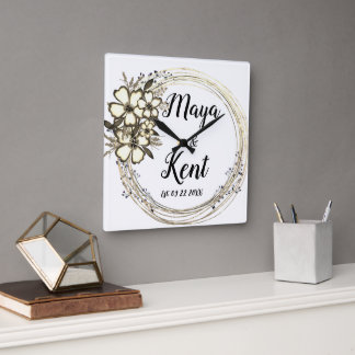 Elegant Floral Wreath Wedding Quadratische Wanduhr