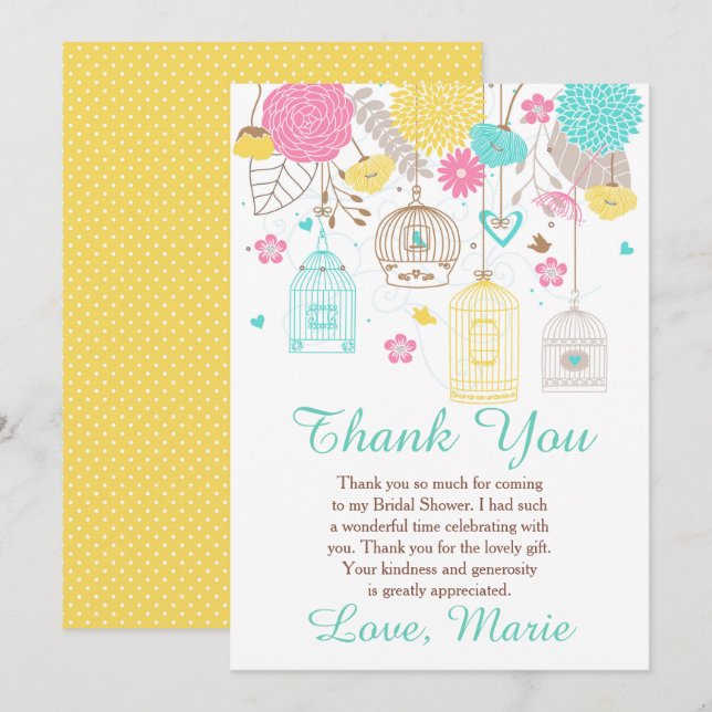 Elegant Floral Yellow and Pink Bridal Shower Dankeskarte (Vorne/Hinten)