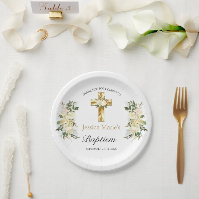 Elegant florale Gold Cross Taufe Vielen Dank Pappteller (Hochzeit)