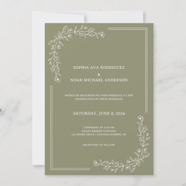 Elegant florale Rich Sage Green Wedding Einladung (Vorderseite)