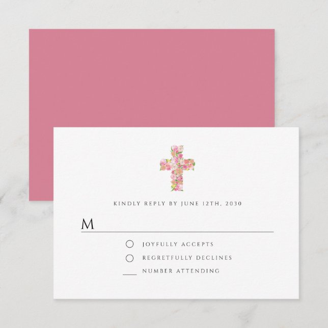 Elegant florenrosa Religiöse Cross Girl Taufe RSVP Karte (Vorne/Hinten)