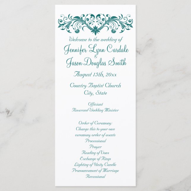 Élégant Flourish Blanc Turquoise Mariage Programme (Devant)