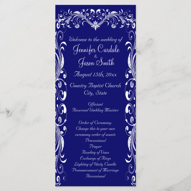 Élégant Flourish Blue Wedding Programmes Modèles (Devant)