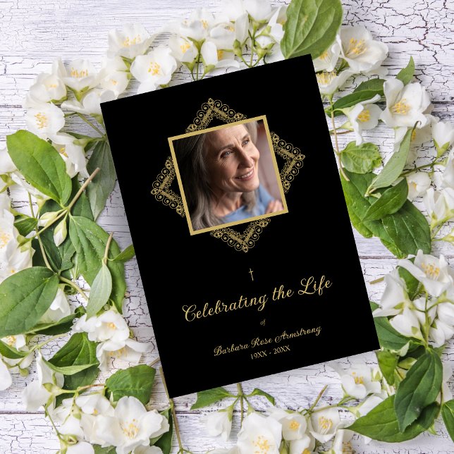 Elegant Flourish Sophisticated Golden Ornament  Einladung (Elegant Flourish Sophisticated Fake Golden Ornament Photo Funeral Service Invitation with Envelope.)