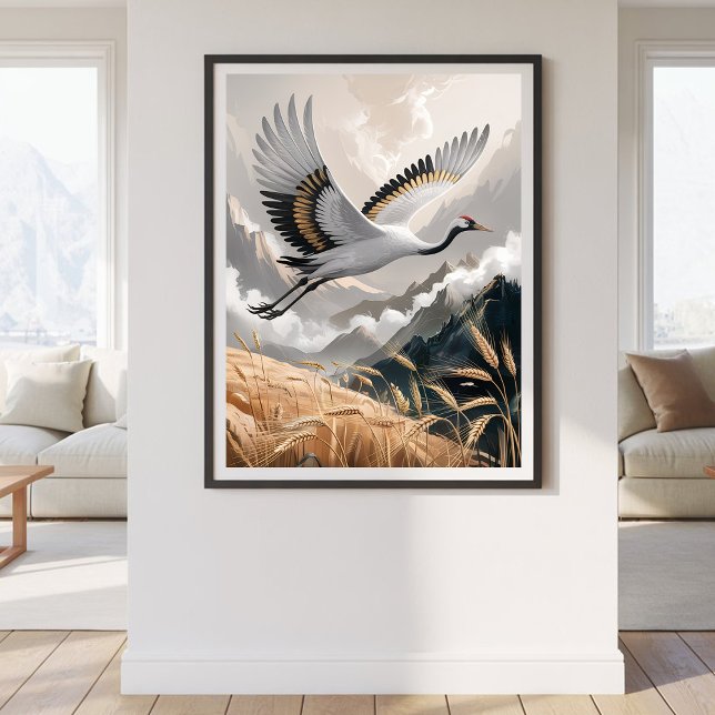 Elegant Flying Crane Over Golden Wheat Landscape   Poster (Von Creator hochgeladen)