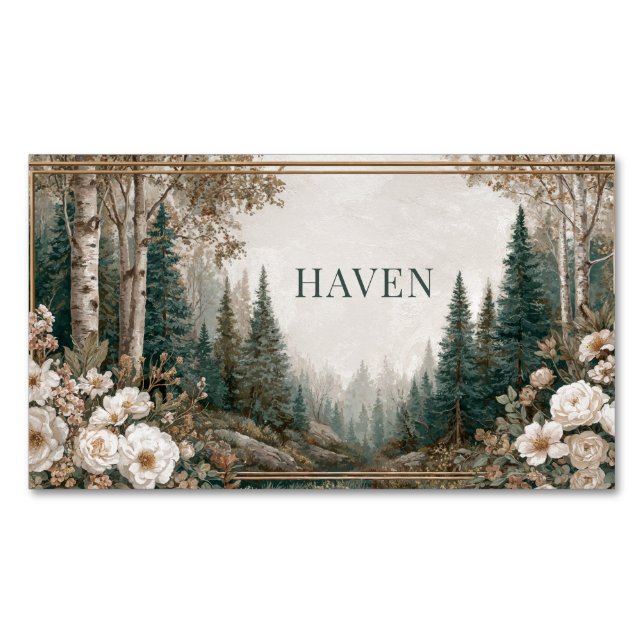 Elegant Forest Landscape White Peony Gold Frame Magnetische Visitenkarte (Vorderseite)