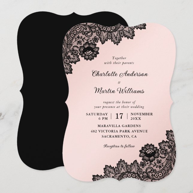 Elegant Formal Black and Pink Floral Lace Wedding Einladung (Vorne/Hinten)
