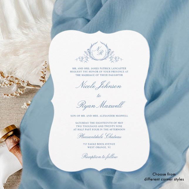 Elegant Formal Blue Monogram Wedding Einladung (Von Creator hochgeladen)