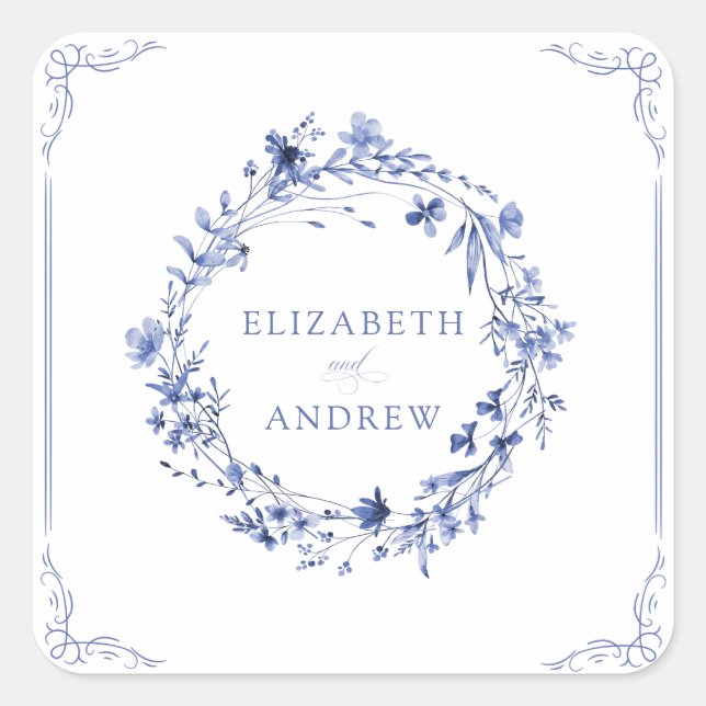 Elegant Formal Calligraphy Floral Wreath Wedding  Quadratischer Aufkleber (Vorderseite)