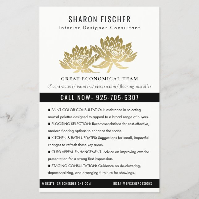 Elegant Formal Faux Gold Lotus Floral Business Flyer (Vorne)