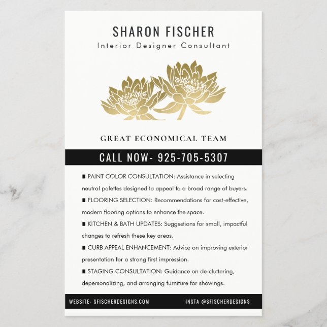 Elegant Formal Faux Gold Lotus Floral Business Flyer (Vorne)