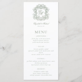 Elegant Formal Monogram Crest Sage Green Wedding Menükarte