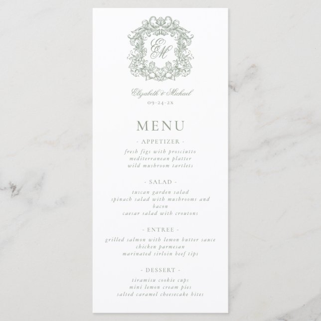 Elegant Formal Monogram Crest Sage Green Wedding Menükarte (Vorderseite)