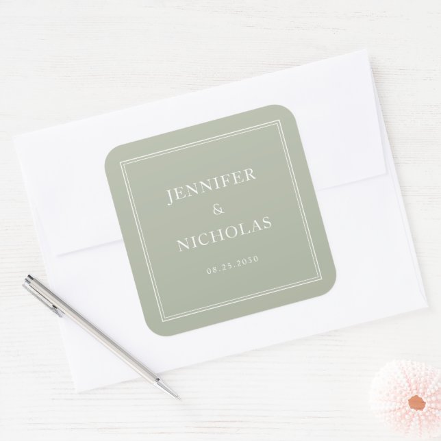 Elegant Formal  Sage Green Wedding Quadratischer Aufkleber (Umschlag)
