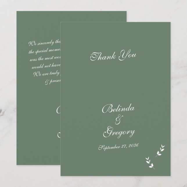 Elegant Formal Sage Olive Green Script Wedding Dankeskarte (Vorne/Hinten)
