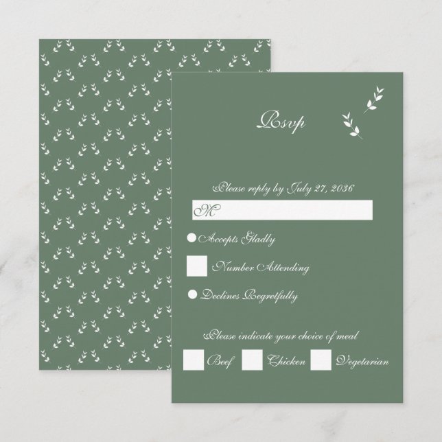 Elegant Formal Sage Olive Green Script Wedding RSVP Karte (Vorne/Hinten)