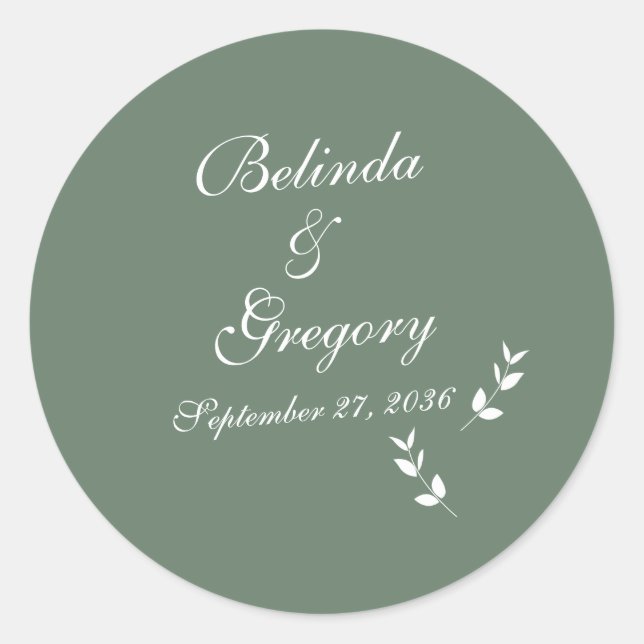Elegant Formal Sage Olive Green Script Wedding Runder Aufkleber (Vorderseite)