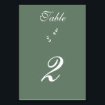 Elegant Formal Sage Olive Green Script Wedding Tischnummer<br><div class="desc">Eine schöne elegante Schrift Typografie Hochzeitsdesign mit einem schlauen olivgrüne Hintergrund Farbe. Ein einzigartiges Design, das einen persönlichen klassischen Kalligraphie Hochzeitsladen Schriftart und einen handgezeichneten grünen Blattzweig verwendet. Ein formelles Skript Kalligrafie-Design mit Tönen von Salbei Oliven grün. Eine elegante Hochzeitskarte mit klassischen Tischnummern. Auch die passenden Hochzeitseinladungen und andere Schreibwaren...</div>