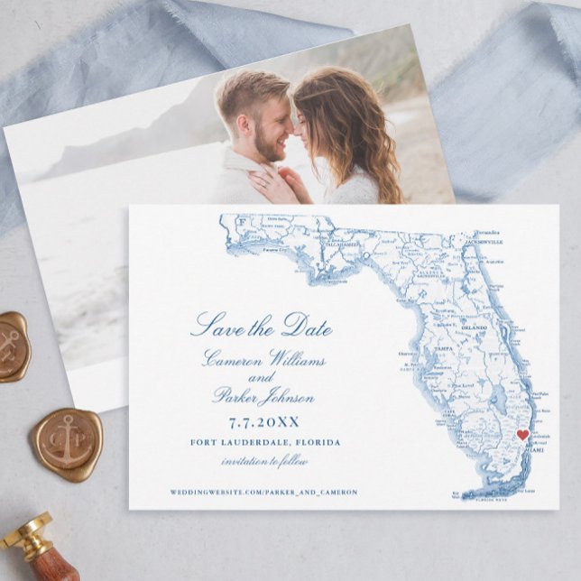 Elegant Fort Lauderdale Florida Wedding Navy Karte (Elegant Fort Lauderdale Wedding Save the Date with navy blue map from Coastal Map Designs)