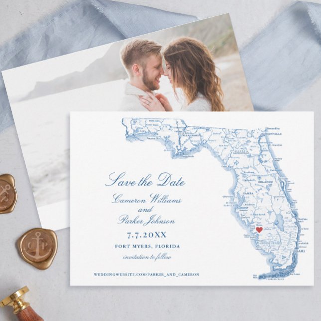 Elégant Fort Myers Floride Mariage Navy Carte (Elegant Fort Myers Florida save the dates with navy blue map of Florida)