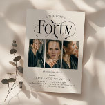 Elegant FORTY 3 Foto Collage 40. Geburtstag Einladung<br><div class="desc">Erleben Sie die Schönheit des vierzigsten Jahrhunderts mit unseren eleganten Einladungen zum 40. Geburtstag. Mit unseren luxuriösen Einladungen können Sie eine 3-Foto-Collage präsentieren, die sich hervorragend eignet, um die Evolution des Geburtstagsjungen/Mädchens über die Jahre zu zeigen. Mit einer auffälligen Schrift und einer maßgeschneiderten, minimalistischen Vorlage, ist diese Einladung eine Mischung...</div>