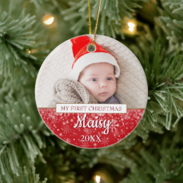 Elegant Foto Baby's First Christmas Script Keramik Ornament