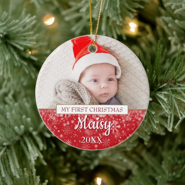 Elegant Foto Baby's First Christmas Script Keramik Ornament (Baum)