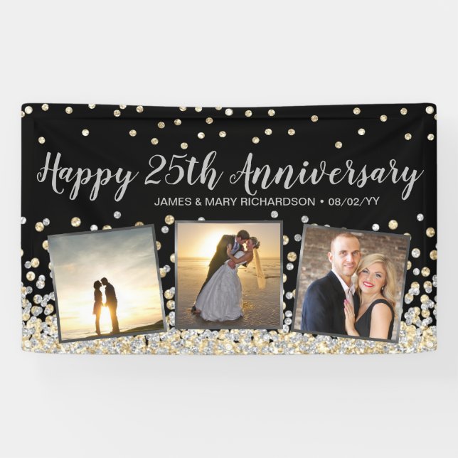 Elegant Foto Collage Gold Silber 25 Jahre Banner (Horizontal)