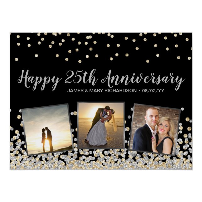 Elegant Foto Collage Gold Silber 25 Jahre Poster (Vorderseite)