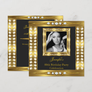 Elegant Foto Gold Glamour Diamant Schwarz Geburtst Einladung