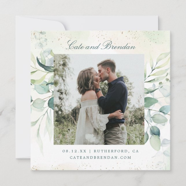 Elegant Foto Greenery Eucalyptus Wedding Save The Date (Vorderseite)