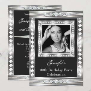 Elegant Foto Silber Glamour Diamant Schwarz Geburt Einladung