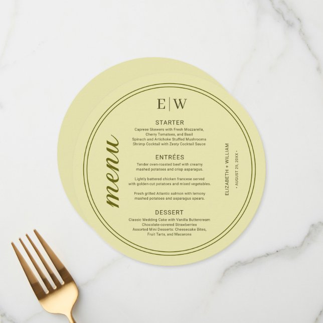 Elegant Frame on Celestial Yellow Monogram Wedding Menükarte (Vorderseite/Rückseite Beispiel)