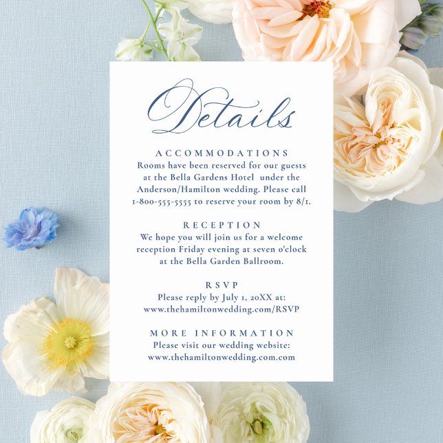 Elegant French Blue Floral Wedding Details Begleitkarte (Von Creator hochgeladen)