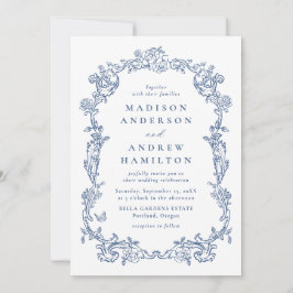 Elegant French Blue Victorian Floral Frame Wedding Einladung